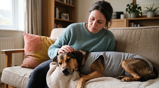 Dog wearing recovery suit at home, Exhausted owner providing post procedure care, Canine aftercare and emotional strain, Quiet recovery lifestyle scene, Minimal pet caregiving photograph