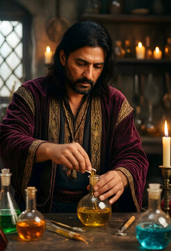 Alchemy and historical medicine, alchemist mixing herbal potion in medieval laboratory with candles and glass vials for traditional healing research