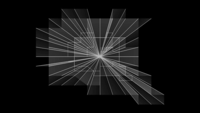 Abstract geometric explosion with radiating lines and lens flare effect on a dark background