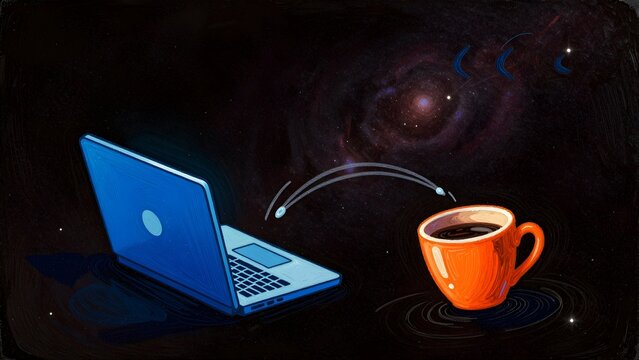 Laptop and coffee cup floating in outer space with stars illustration