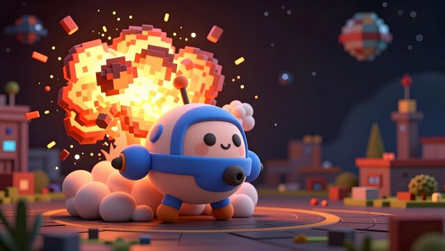 Cute cartoon character in astronaut suit with pixel explosion in a city 3d render