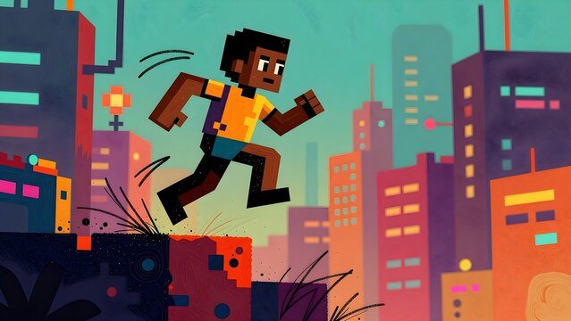 Black boy running and jumping over obstacles in a pixel art city illustration