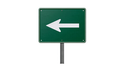 Isolated directional road sign showing a white left arrow mounted on a pole with text © Ioana