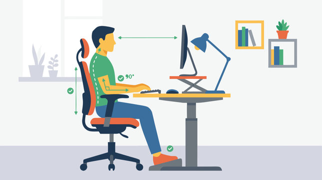 This flat illustration showcases the correct ergonomic posture for a person working at a computer desk in a home office environment setting.
