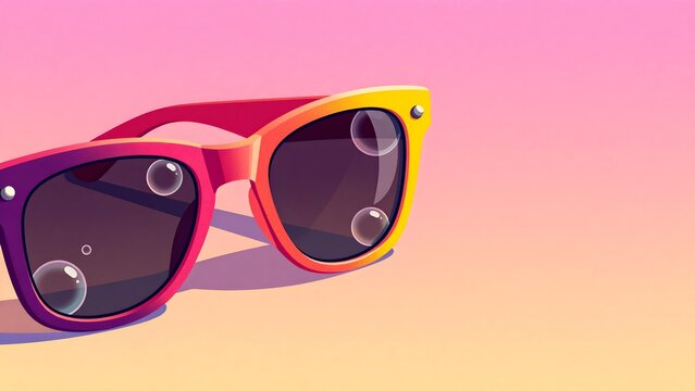 Colorful sunglasses with bubbles on lenses on a pink and yellow background pixel art