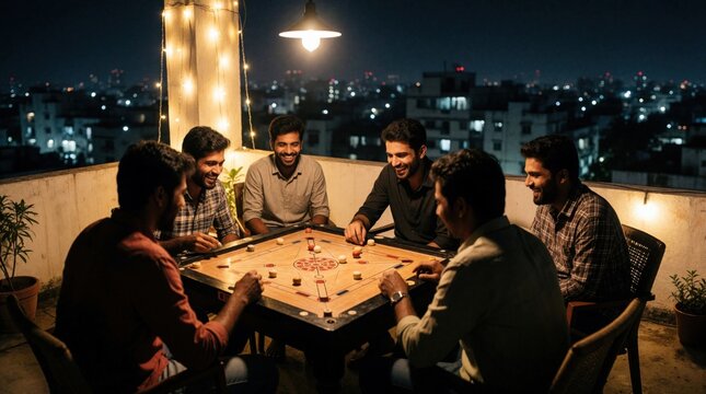 Group of young men play carrom board game on rooftop terrace at night. Male friends enjoy social gathering, hobby together. Urban city lights background provides chill atmosphere for men fun during