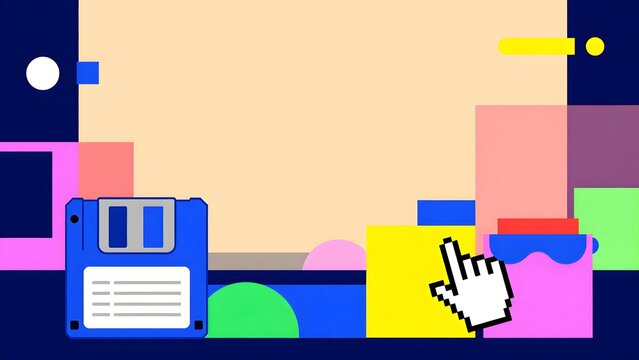 Retro computer background with floppy disk pixelated cursor and geometric shapes flat illustration