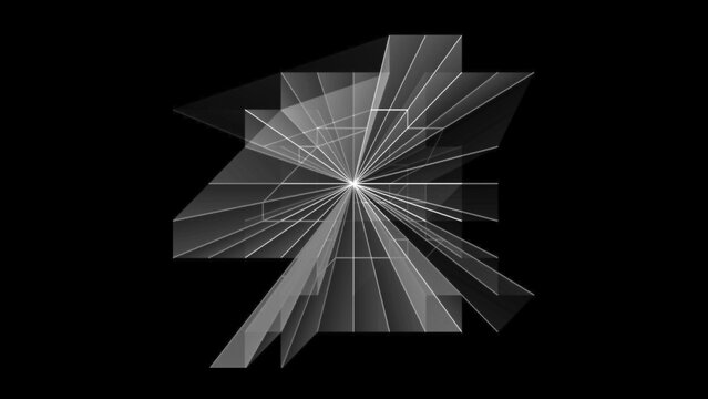 Abstract geometric explosion of light rays and shapes emanating from a central bright lens flare on a black background