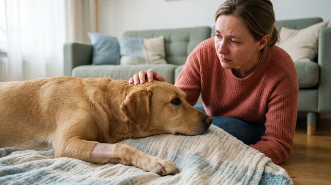 Dog resting after veterinary care, Worried owner beside shaved foreleg, Canine medical recovery at home, Emotional aftercare lifestyle scene, Natural pet photograph