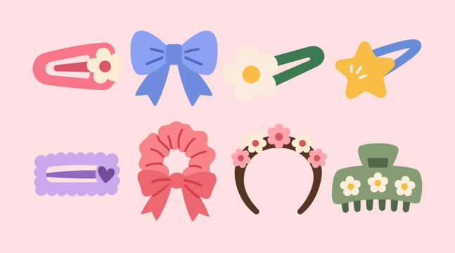 Pastel hair accessory collection in a playful flat vector style featuring bows, hair clips, floral headbands and decorative scrunchies