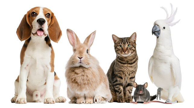 Isolated diverse group of popular domestic pets including a dog, rabbit, cat, mouse, and parrot