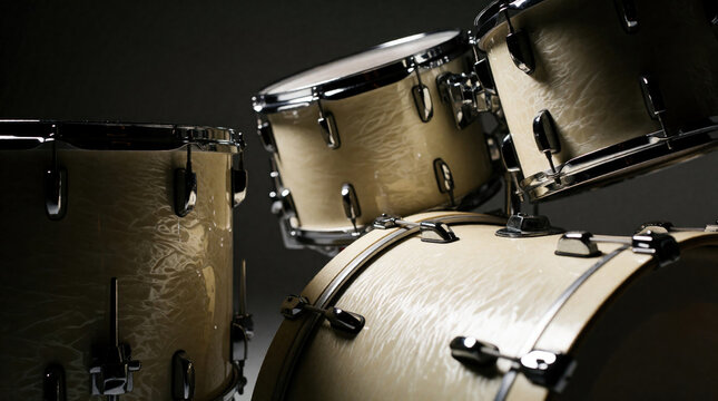 Close up view of cream colored drum kit set. Professional percussion instruments including snare, tom drums in music studio. High quality acoustic gear for rock band practice recording session in