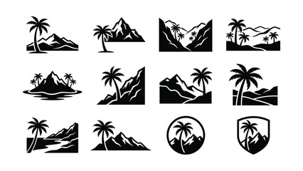 Fototapeta premium Black and white palm tree mountain landscape vector icons set transparent background