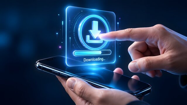 Hands holding a smartphone with a glowing blue download progress bar. Concept of digital data transfer and mobile software update.