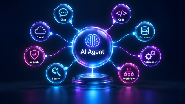 Glowing AI node connected to cloud and security icons on a dark background. Concept of enterprise software and digital transformation.