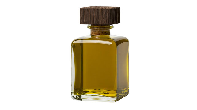 Isolated elegant rectangular glass bottle with golden oil, natural cork, and wooden cap.