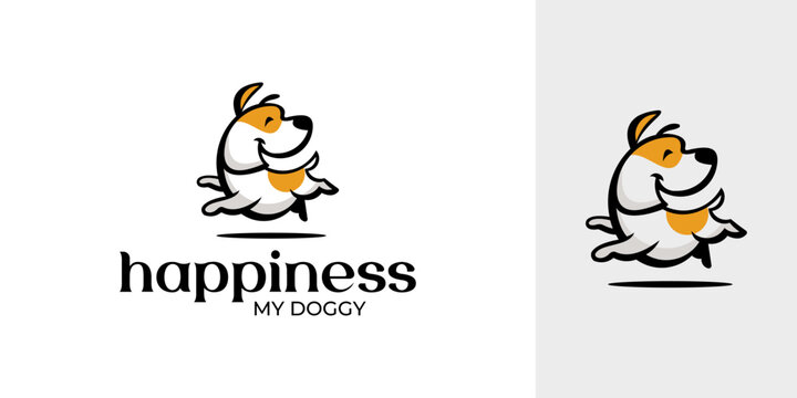 Cartoon logo of a happy jumping dog with modern typography