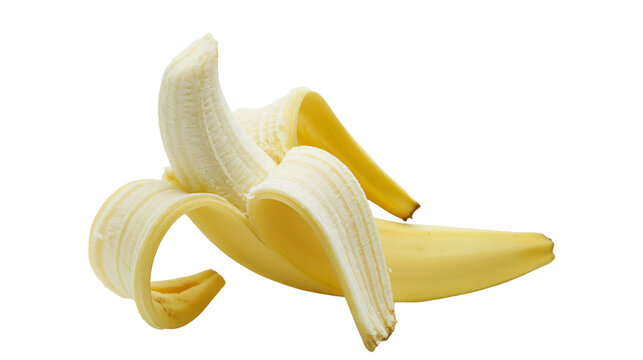 Isolated delicious ripe yellow banana partially peeled, showcasing its natural healthy fruit