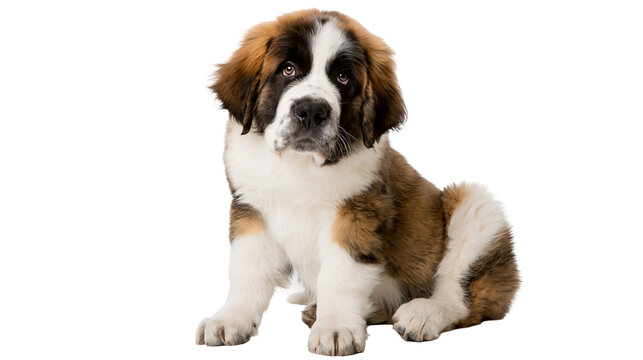 Isolated adorable fluffy Saint Bernard puppy dog with brown and white fur, sitting alert.