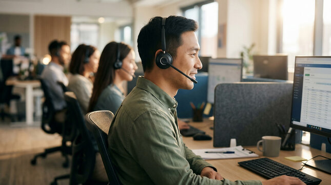Asian male customer service agent wearing headset at desk in bright modern office, concept for technical support, remote communication and call centers