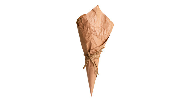Isolated brown paper cone, tied with natural rustic twine, ideal for eco-friendly bouquet wrap
