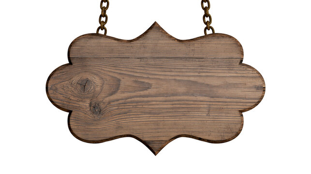Isolated decorative vintage wooden blank ornate hanging sign suspended by old metal chains