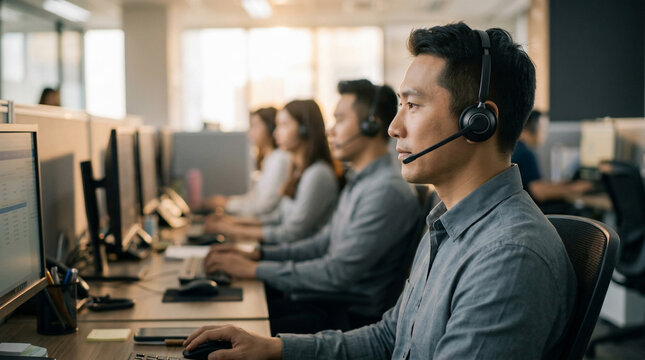Dedicated Asian professional wearing a headset, working on computer in a modern office, side view, concept for customer support, technical assistance and call center operations