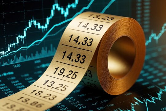 Close up of gold paper tape from adding machine calculator. Financial numbers printed on roll over blue stock market chart. Business data, math calculations, economic growth concept with trading
