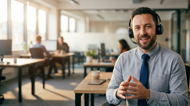 Professional man with headset smiling in modern office, blurred coworkers in background, ideal for customer support, business communication and IT helpdesk