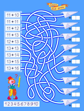 Math education for children. Learn to add two-digit numbers. Solve examples and write the numbers. Exercises on addition. Educational logic puzzle game with maze. Activity sheet. Hand drawn vector.