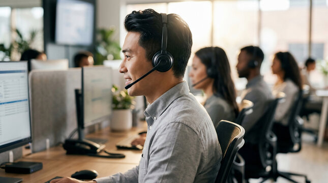 Smiling Asian male agent wearing headset working at computer desk in modern office, concept for customer service, technical support and telemarketing