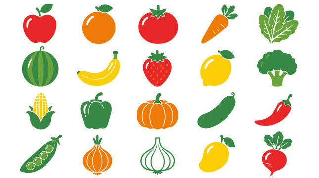 Healthy Fresh Vegetables and Fruits Flat Vector Icons Collection