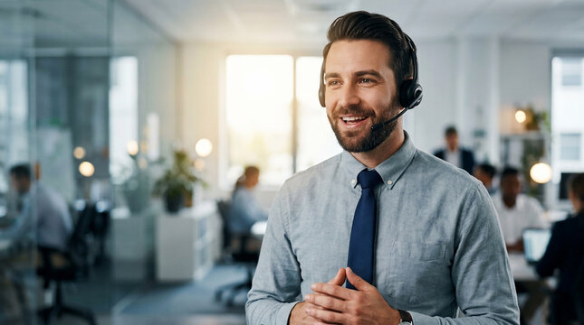 Smiling businessman wearing headset in modern bright office, concept for customer support, call center service and telemarketing consulting