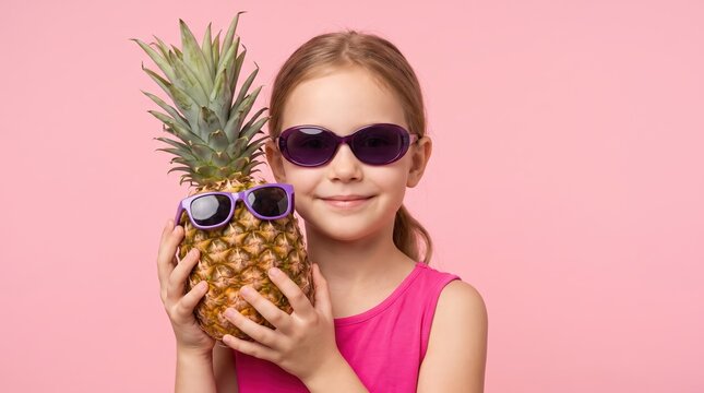 Happy smiling little girl in sunglasses holding a funny pineapple wearing sunglasses against a solid pink background, joyful kid with tropical fruit posing during summer vacation