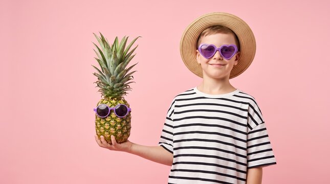 Cute smiling boy wearing straw hat and heart shaped sunglasses holding a funny pineapple with sunglasses on isolated pink background, summer vacation concept