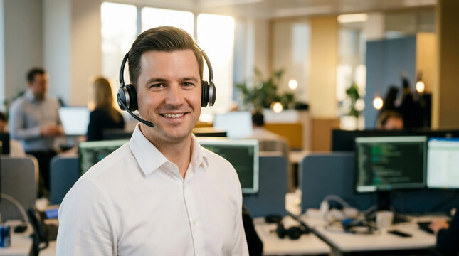 Smiling customer support agent wearing headset in modern office, perfect for call center promotions, corporate websites and helpline services