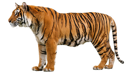 Obraz premium Isolated tiger standing, majestic wild cat with vibrant orange and black stripes, side view
