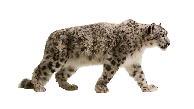 Isolated snow leopard walking elegantly, full body shot, magnificent wild cat with spotted fur