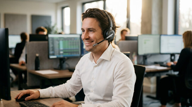 Smiling male customer service representative wearing headset and white shirt in modern office, suitable for support, telemarketing and business communication