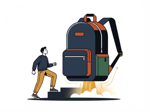 A determined young student climbs steps toward a giant futuristic rocket backpack, symbolizing back to school success, academic growth, and preparation for learning