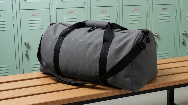 Gray duffel bag mockup rests on wooden bench in gym locker room. Empty sports bag sits in front of mint green lockers. Minimalist space for text logo design on plain fabric accessory in fitness club