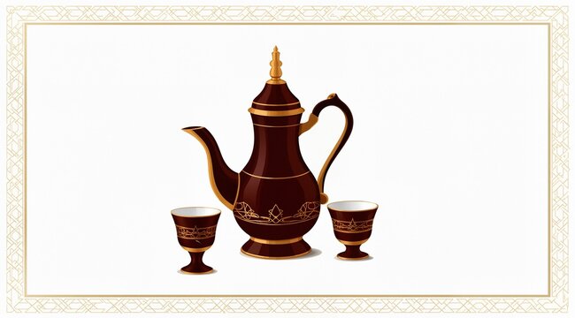 An elegant vector illustration of a traditional Arabic coffee pot (dallah) and two cups arranged in a minimalist composition with a subtle geometric border, gold and deep brown color scheme, clean lin
