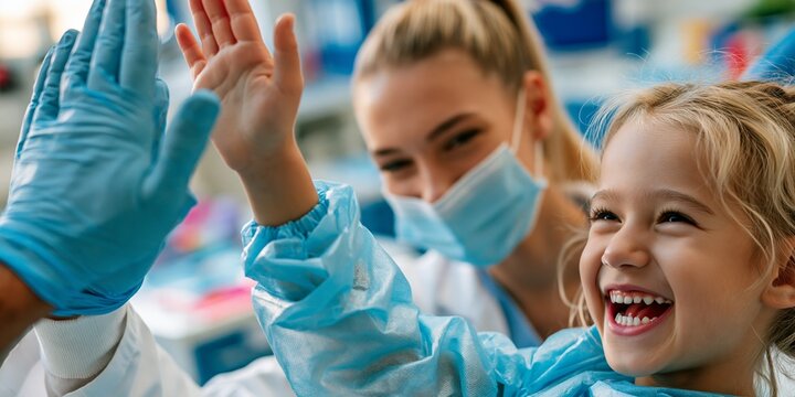 A joyful young girl in a blue medical gown gives a high-five to a healthcare worker wearing gloves and a mask, capturing a moment of connection and positivity in a clinical setting.