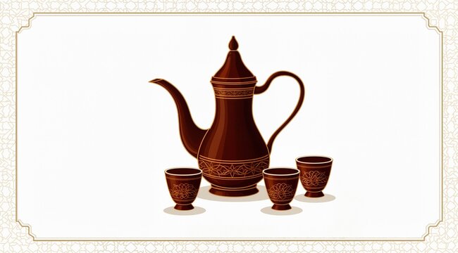 An elegant vector illustration of a traditional Arabic coffee pot (dallah) and two cups arranged in a minimalist composition with a subtle geometric border, gold and deep brown color scheme, clean lin