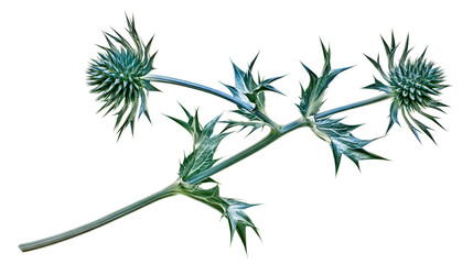 Isolated striking blue-green thistle plant with two intricate spiky flower heads and thorny stems. © Vincent