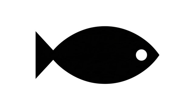 Isolated simple graphic of a black fish with a white eye above a black bar with text.