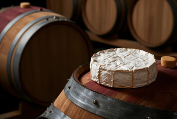 Obraz premium Gourmet food and wine pairing, camembert cheese on a wooden oak barrel in a traditional cellar for luxury culinary experience and artisanal production
