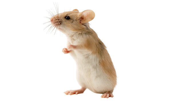 Isolated cute small furry mouse standing upright on hind legs, looking curious and alert