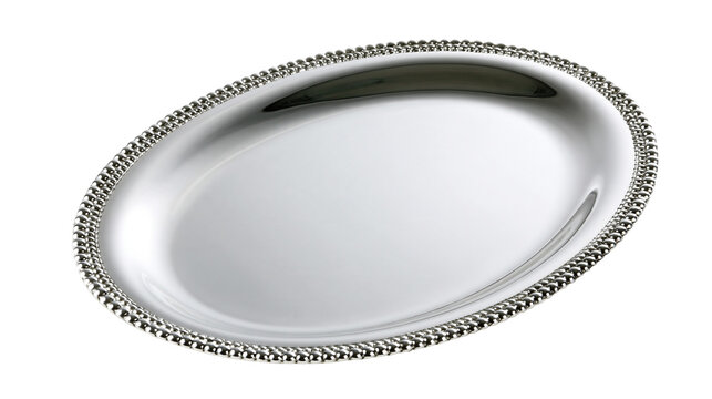 Isolated shiny silver decorative oval serving tray with elegant beaded border design