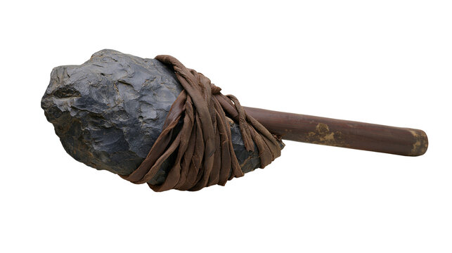 Isolated primitive stone club, a historical weapon with rustic wooden handle and fabric lashing